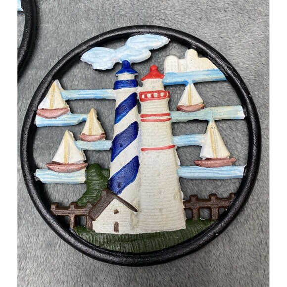 Vintage Lighthouse Sailboat Cast Iron Round Trivet Pot Holder Set - Picture 2 of 13